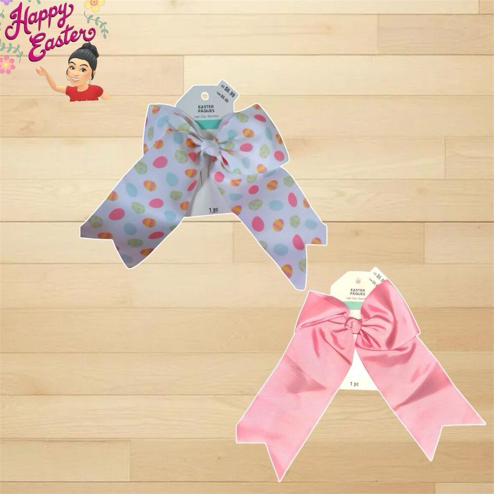 2x Easter Hair Clip Bow Grosgrain Pastel Painted Eggs Design And Pink 7" Across